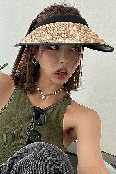 라인배색썬캡 밀짚 모자 여름 왕골 휴가 여성 여행